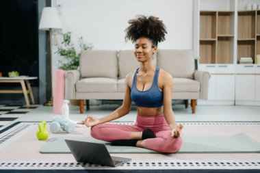 İnternette yoga yapmak için dizüstü bilgisayar kullanan ve modern ev ortamında paspas ve spor malzemeleriyle esneme hareketleri yapan genç bir kadın. Sağlığını, motivasyonunu ve sağlıklı aktif bir yaşam tarzını gösteriyor. 