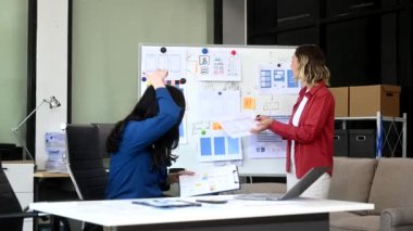 Ofiste birlikte çalışan iki iş kadını, yönetim kurulunu kullanarak yeni bir proje yürütüyorlar.