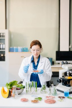 Modern bir laboratuvarda bilim adamı gelişmiş ekipmanlarla yiyecek örneklerini analiz ediyor. Gıda bilimi, gıda bilimi ve biyoteknoloji araştırmaları için mükemmel.