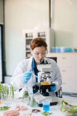 Modern bir laboratuvarda bilim adamı gelişmiş ekipmanlarla yiyecek örneklerini analiz ediyor. Gıda bilimi, gıda bilimi ve biyoteknoloji araştırmaları için mükemmel.