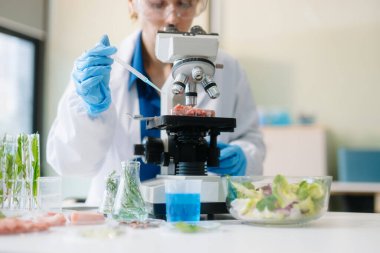 Modern bir laboratuvarda bilim adamı gelişmiş ekipmanlarla yiyecek örneklerini analiz ediyor. Gıda bilimi, gıda bilimi ve biyoteknoloji araştırmaları için mükemmel.