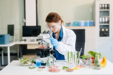 Modern bir laboratuvarda bilim adamı gelişmiş ekipmanlarla yiyecek örneklerini analiz ediyor. Gıda bilimi, gıda bilimi ve biyoteknoloji araştırmaları için mükemmel.