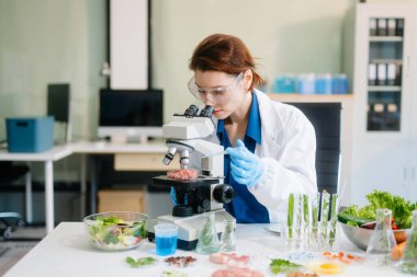 Modern bir laboratuvarda bilim adamı gelişmiş ekipmanlarla yiyecek örneklerini analiz ediyor. Gıda bilimi, gıda bilimi ve biyoteknoloji araştırmaları için mükemmel.