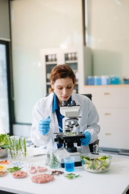 Modern bir laboratuvarda bilim adamı gelişmiş ekipmanlarla yiyecek örneklerini analiz ediyor. Gıda bilimi, gıda bilimi ve biyoteknoloji araştırmaları için mükemmel.