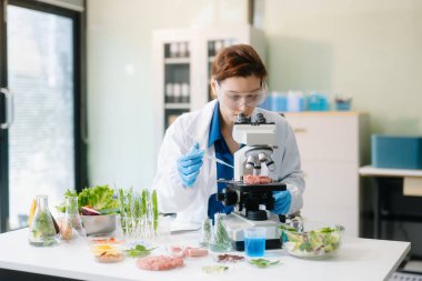 Modern bir laboratuvarda bilim adamı gelişmiş ekipmanlarla yiyecek örneklerini analiz ediyor. Gıda bilimi, gıda bilimi ve biyoteknoloji araştırmaları için mükemmel.