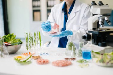 Laboratuvar bilimcileri olarak gıda bilimi, gelişmiş teknoloji ve hassas ekipmanlar kullanarak sebzeleri güvenlik ve kalite için test edip analiz ediyor. la içinde