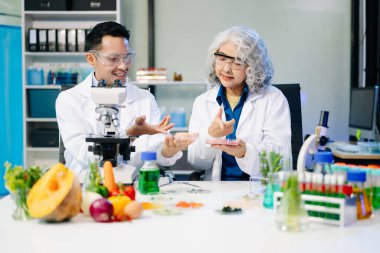 Laboratuvar önlüklü gıda bilimcileri, numuneleri test ediyor ve modern bir laboratuvar ortamında gıda güvenliği ve kalitesini analiz ediyorlar..