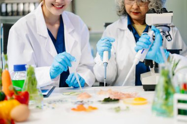 Laboratuvar önlüklü gıda bilimcileri, numuneleri test ediyor ve modern bir laboratuvar ortamında gıda güvenliği ve kalitesini analiz ediyorlar..