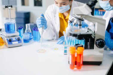 Bilim adamları, deney tüpleri ve mikroskop son teknoloji araştırmalar. Bilim ve teknoloji projeleri için mükemmel.