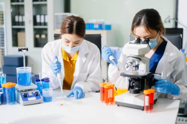 Tıp laboratuarında mikroskop kullanarak araştırma yapan genç bilim adamları.  