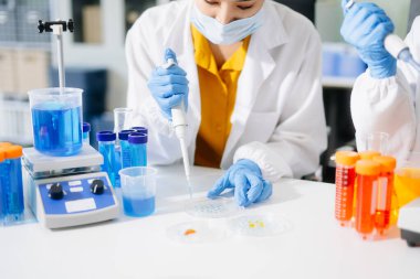 Tıp laboratuarında araştırma yapan genç bilim adamları tıp için laboratuarda testler yapıyorlar..  