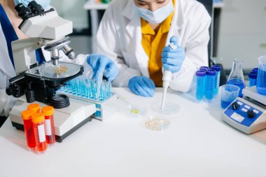 Bilim adamları, deney tüpleri ve mikroskop son teknoloji araştırmalar. Bilim ve teknoloji projeleri için mükemmel.