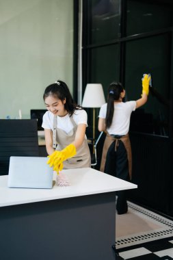 İki profesyonel temizlikçi bir gülümsemeyle şık bir yeri düzenliyor. Tertemiz bir ev ya da ofis için verimli ve dost canlısı ev temizleme hizmetleri