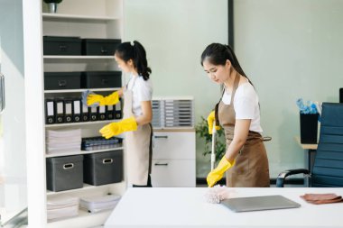 İki profesyonel temizlikçi bir gülümsemeyle şık bir yeri düzenliyor. Tertemiz bir ev ya da ofis için verimli ve dost canlısı ev temizleme hizmetleri
