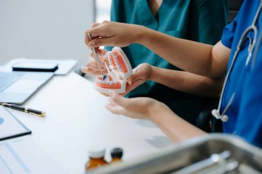 Diş hekimi, çene örnekleriyle masaya oturur diş modelini ve diş hekimliği uzmanlık kliniğinde tablet ve dizüstü bilgisayarla çalışır..