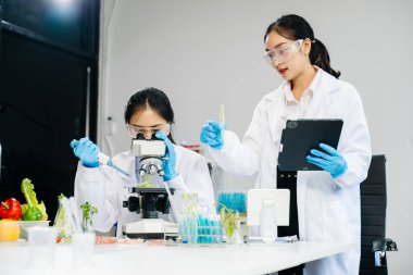 Laboratuvar bilimcileri olarak gıda bilimi, gelişmiş teknoloji ve hassas ekipmanlar kullanarak sebzeleri güvenlik ve kalite için test edip analiz ediyor..