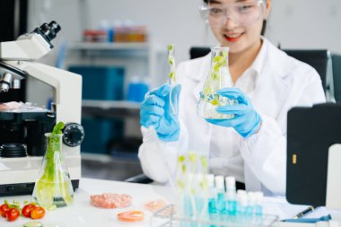 Laboratuvar önlüklü kadın gıda bilimcisi, numuneleri test ediyor ve modern bir laboratuvar ortamında gıda güvenliği ve kalitesini analiz ediyor..