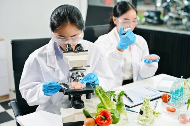 Laboratuvar bilimcileri olarak gıda bilimi, gelişmiş teknoloji ve hassas ekipmanlar kullanarak sebzeleri güvenlik ve kalite için test edip analiz ediyor..