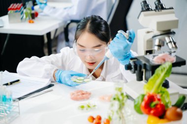 Asyalı kadın bilim adamları modern laboratuarda kimya araştırması yapıyorlar.