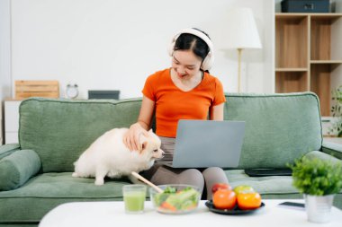 Parlak modern oturma odasında köpeğiyle koltukta dinlenen bir kadın dizüstü bilgisayar kullanıyor. 