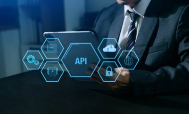 API Application Programming Interface, woman using laptop, tablet and smartphone with virtual screen API icon Software development tool, modern technology and networking concept