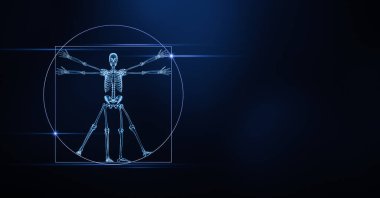 İnsan iskeletinin ön ya da ön görüntüsü x-ray 3D, resimde mavi arkaplan üzerinde fotokopi alanı var. Anatomi, kemikler, tıbbi, iskelet sistemi, biyoloji, osteoloji kavramları.