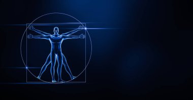 İnsan vücudunun ön ya da ön görüntüsü 3D, mavi arkaplan ve fotokopi alanı içeriyor. Tıbbi, iskelet sistem anatomisi, biyoloji, osteoloji, bilim, kavramlar.