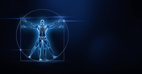 Human male body and bones xray 3D rendering illustration with copy space on blue background. Skeleton or skeletal anatomy, medical, healthcare, science, biology, osteology concepts.