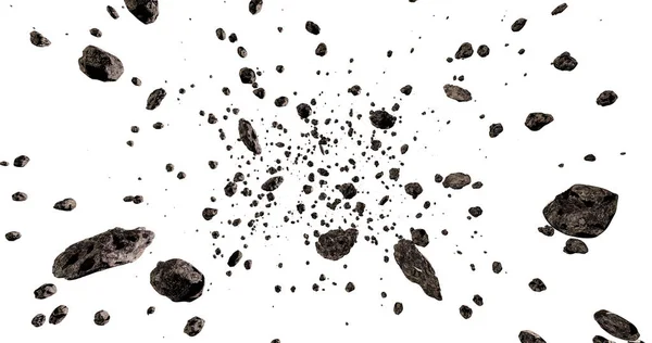 小惑星のフィールドかベルトまたは白い背景3Dレンダリングのイラストで隔離される多くの岩か石 — ストック写真