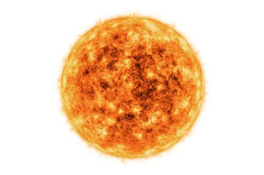 Gerçekçi sarı güneş veya yıldız veya ateş topu beyaz arkaplanda izole edilmiş ya da üç boyutlu resimleme kesme.