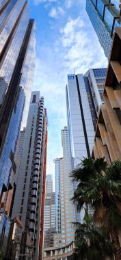 Sydney, Avustralya, Merkezi İş Bölgesi, Towering Heights - 25 Ağustos 2022: Parlak cam cepheli modern gökdelenlerin yer aldığı dinamik bir şehir silueti. 