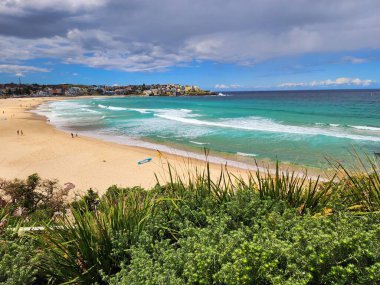 Bondi Plajı, Sydney, Avustralya - 3 Kasım 2022: Sahil Serenity: A Beachside Escape. Kristal berraklığında mavi-yeşil suların yavaşça kumlu kıyıya vurduğu sakin bir sahil manzarası..