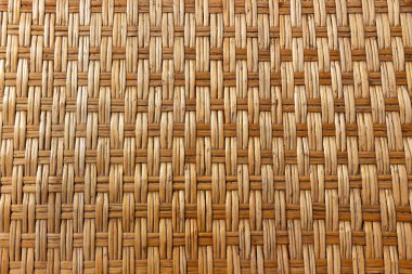 Close-up of a natural rattan weave texture showing an intricate handwoven pattern in warm brown and beige tones. The organic fibers create a rustic, tropical look, ideal for backgrounds, furniture
