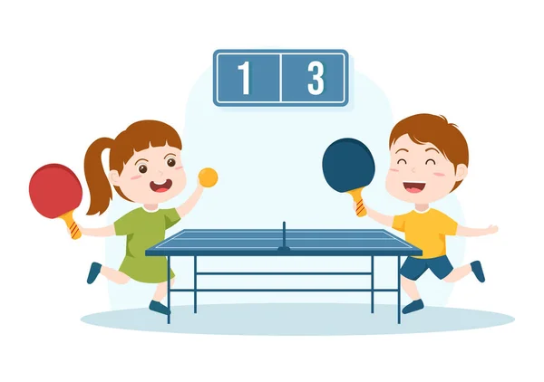 Lindos Niños Jugando Tenis Mesa Deportes Con Raqueta Pelota Ping — Vector de stock