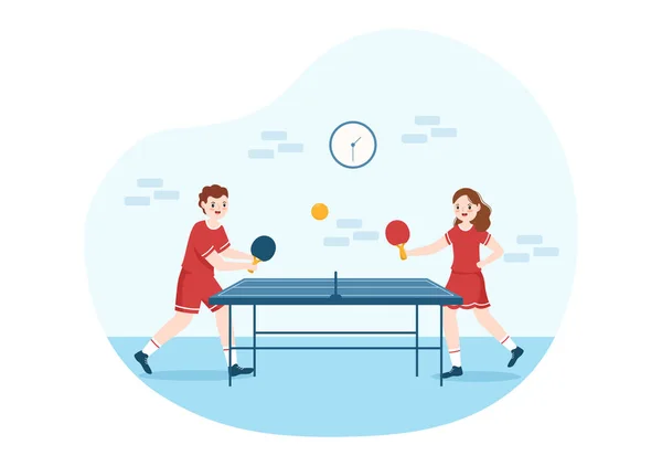 平面漫画手绘模板图例中乒乓球运动与球拍 乒乓球比赛的对比 — 图库矢量图片