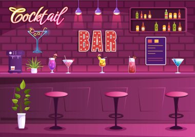 Cocktail Bar ya da Arkadaşları Alkolik Meyve Suyu İçkileriyle Takılan Gece Kulübü ya da Düz El Çizilmiş Çizgi Roman Şablonunda Kokteyller