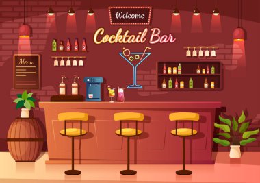 Cocktail Bar ya da Arkadaşları Alkolik Meyve Suyu İçkileriyle Takılan Gece Kulübü ya da Düz El Çizilmiş Çizgi Roman Şablonunda Kokteyller