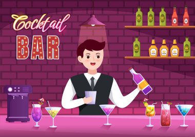 Cocktail Bar ya da Arkadaşları Alkolik Meyve Suyu İçkileriyle Takılan Gece Kulübü ya da Düz El Çizilmiş Çizgi Roman Şablonunda Kokteyller