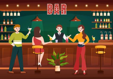 Cocktail Bar ya da Arkadaşları Alkolik Meyve Suyu İçkileriyle Takılan Gece Kulübü ya da Düz El Çizilmiş Çizgi Roman Şablonunda Kokteyller