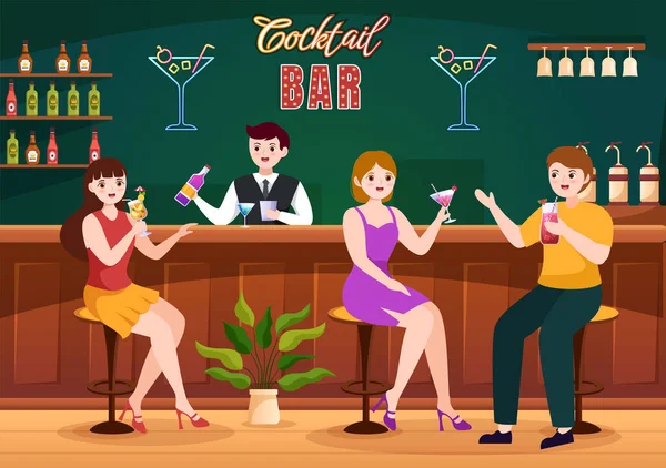 Cocktailbar Nachtclub Met Vrienden Die Rondhangen Met Alcoholische Vruchtensappen Cocktails — Stockvector