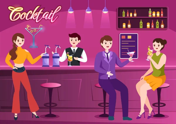 Cocktailbar Nachtclub Met Vrienden Die Rondhangen Met Alcoholische Vruchtensappen Cocktails — Stockvector
