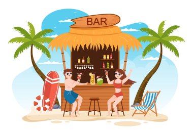 Tropikal Kokteyl Çubuğu Alkolik Meyve Suyu ya da Düz El Çizilmiş Çizim Çizim Çizim Çizimi Deniz Kokteyli