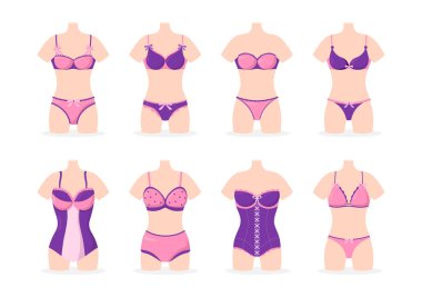 Moda Kadın İç Çamaşırları Koleksiyonu, Sütyen ve İç Çamaşırları Pembe ve Mor Renkli Düz Çizgi El Çizim Şablonları Çizimi