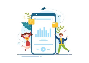 Mobil Çizgi Roman El Çizim Şablonları Üzerine Mobil Uygulamada Kulaklık, Kulaklık ve Müzik Dinleme Aygıtları ile MP3 Oynatıcı