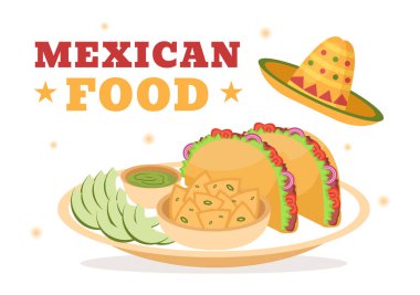 Düz Çizgi Film Çizimleri Çizimleri Çizimleri Çiziminde Çeşitli Geleneksel Mutfak Tacoları, Nachos ve Diğerleriyle Meksika Yemekleri Restoranı