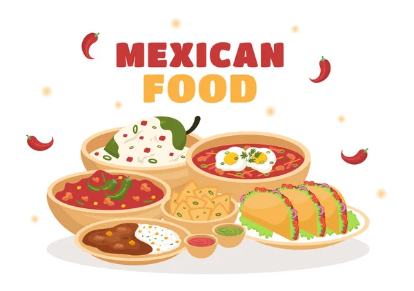 Mexican Food Restaurant Various Delicious Traditional Cuisine Tacos Nachos Other — Stock Vector