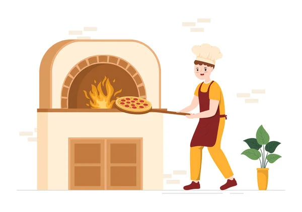 Italian Food Restaurant Cafeteria Chef Making Traditional Italian Dishes Pizza — Stock Vector
