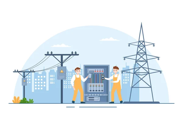 Belysning Och Energi Underhåll Service Panel Skåp Tekniker Elektriskt Arbete — Stock vektor