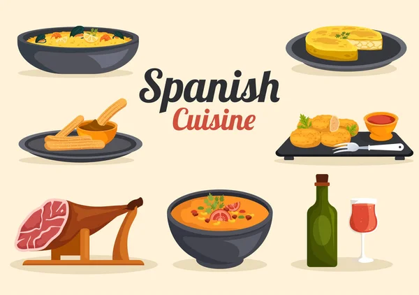 Cuisine Espagnole Menu Restaurant Avec Divers Plats Traditionnels Recette Sur — Image vectorielle