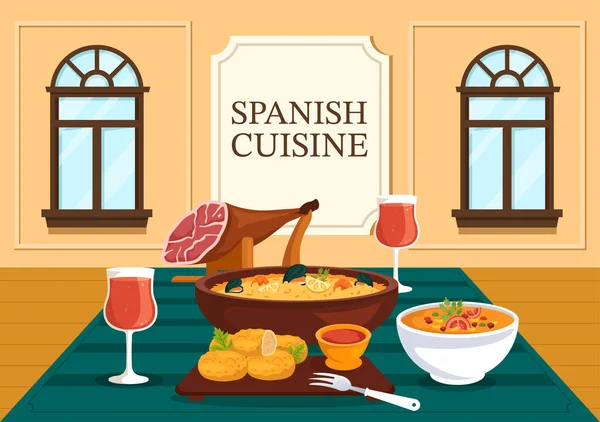 Cuisine Espagnole Menu Restaurant Avec Divers Plats Traditionnels Recette Sur — Image vectorielle